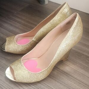 Marco Santi Gold Glitter Pumps Peep-Toe Mid Heel Party Heels Sz 9 Pre-owned